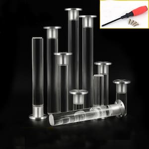 以下が含まれることがあります： 銀色の金属製のベースが付いた透明なアクリル製のテーブル脚のセット。脚はさまざまな高さがあり、取り付け用のネジが付属しています。