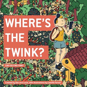 Może przedstawiać: Kolorowa ilustracja przedstawiająca scenę w parku z ludźmi i zwierzętami. Na dole obrazu widnieje tekst "Where's the Twink? Can you find Finn?"