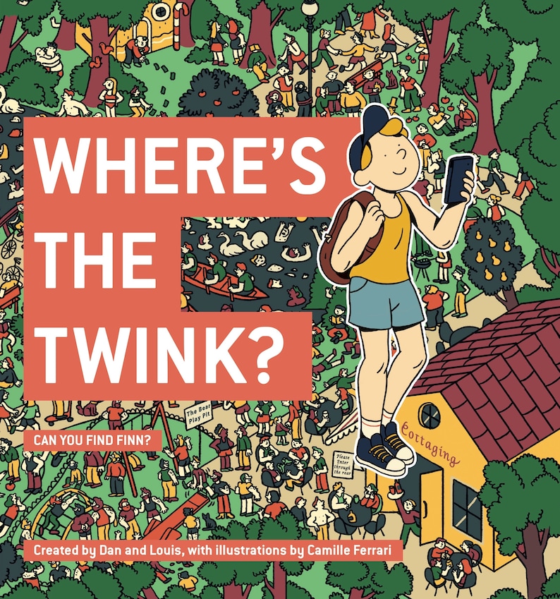 Może przedstawiać: Kolorowa ilustracja przedstawiająca scenę w parku z ludźmi i zwierzętami. Na dole obrazu widnieje tekst "Where's the Twink? Can you find Finn?"