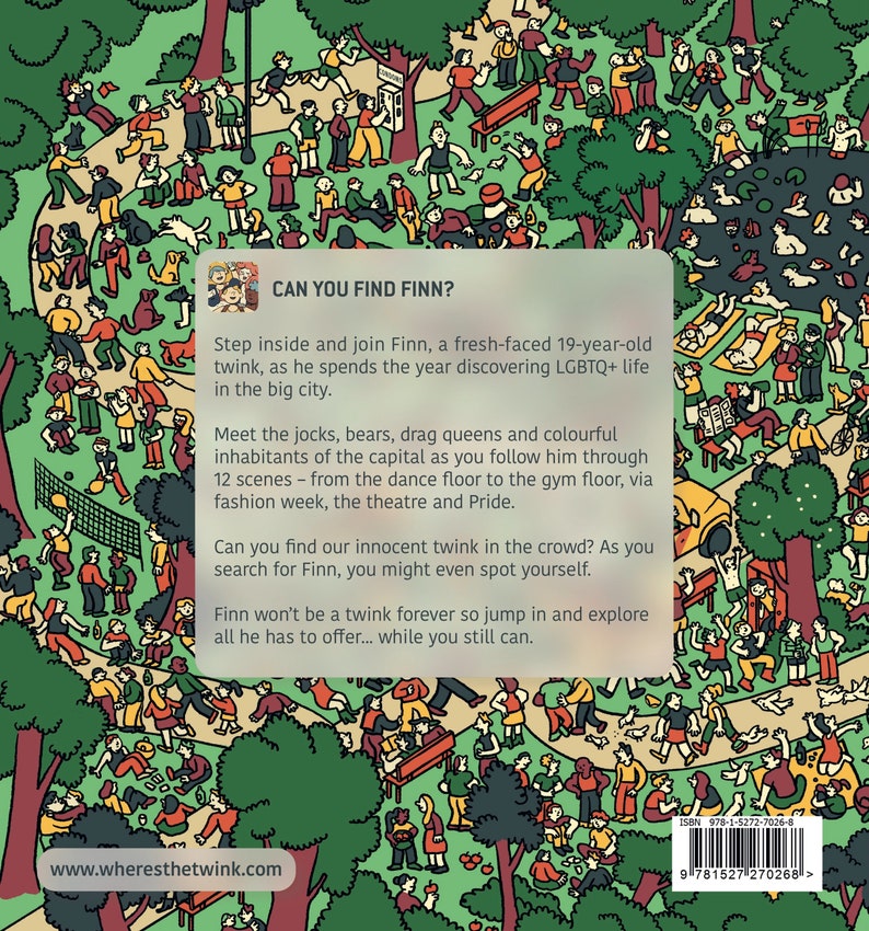 Może przedstawiać: Kolorowa ilustracja sceny w parku z wieloma ludźmi. Tekst "CAN YOU FIND FINN?" znajduje się w g&oacute;rnej części obrazu. Tekst poniżej opisuje historię młodego mężczyzny o imieniu Finn, kt&oacute;ry odkrywa życie LGBTQ+ w dużym mieście. Tekst zawiera r&oacute;wnież adres strony internetowej "www.wheresthetwink.com".