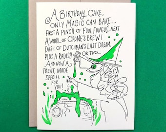 Pastel de bruja de cumpleaños - Tarjeta de cumpleaños tipográfica - Mensaje en el interior