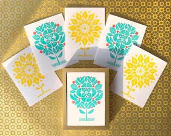 Letterpress Flower Stationary Box - Set of 6 Letterpress Cards and 6 Envelopes - Blank Inside