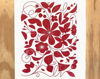 Hand-Inked Floral Print in Red