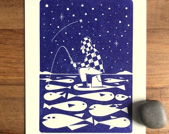 Ice Fisher Relief Print