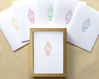 Rainbow Ice Cream Cones Letterpress Cards - Set of 6 Letterpress Cards and 6 Envelopes - Blank Inside