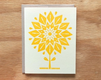 Letterpress Retro Sunburst Flower Greeting Card - Blank Inside