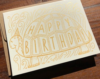 Birthday Turtle - Screenprinted - Birthday Greeting Card - Blank Inside