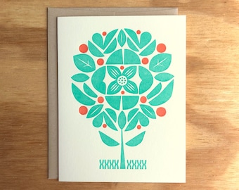Tarjeta de felicitación con diseño floral retro impreso en tipografía (en blanco por dentro)
