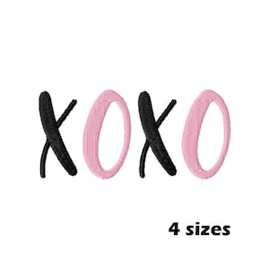 May include: Embroidered design featuring the letters "XOXO" in black and pink. The text "4 sizes" is below the letters. The design is on a white background.