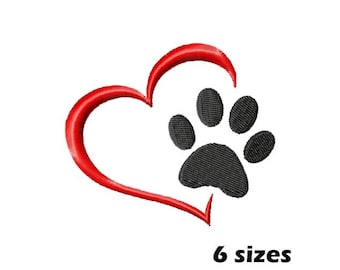 Heart With Paw Print Embroidery Designs, Instant Download - 6 Sizes