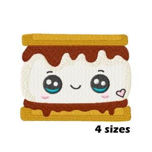 May include: An embroidered design of a cute s'more with a smiling face, large eyes, and a small heart. The s'more has a white marshmallow centre, brown chocolate, and two golden graham cracker layers. The text "4 sizes" is at the bottom.
