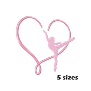 Pode incluir: Silhueta rosa de uma bailarina dentro de uma forma de coração rosa. O design é para bordado e vem em 5 tamanhos.
