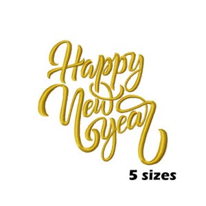 May include: Gold cursive text that reads "Happy New Year" on a white background. The text is in a flowing script style. Below the text, the words "5 sizes" are displayed in black.
