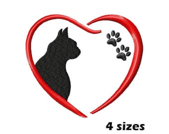 Cat in Heart Machine Embroidery Design, Pet Love Theme, Instant Download
