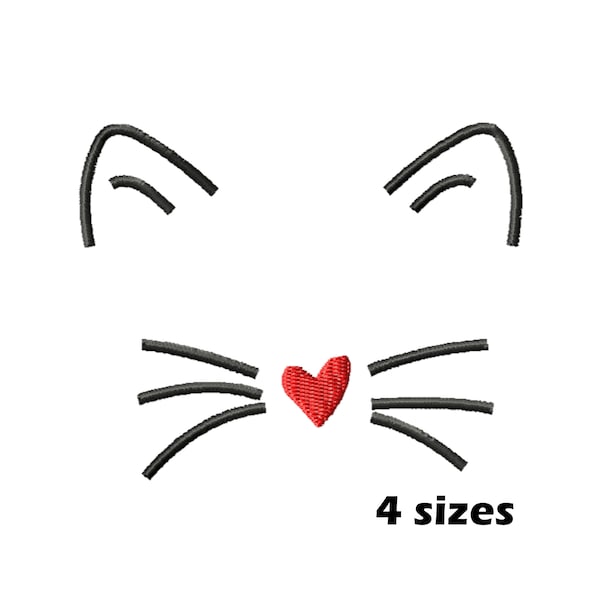 Cat Face Heart Nose Embroidery Designs, Instant Download - 4 Sizes