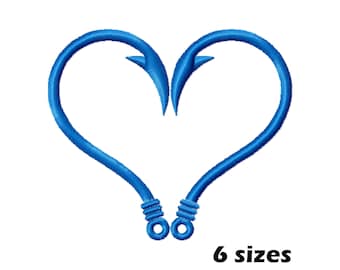 Fish Hook Heart Embroidery Design, Instant Download - 6 Sizes