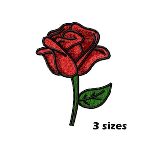 Desenho de bordado de rosa vermelha, arquivo de ponto de máquina floral clássico com detalhes de folhas, 3 tamanhos incluídos, download instantâneo