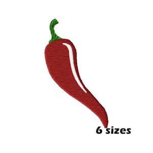 May include: Red chilli pepper embroidery design with a white outline. The design is available in six sizes.