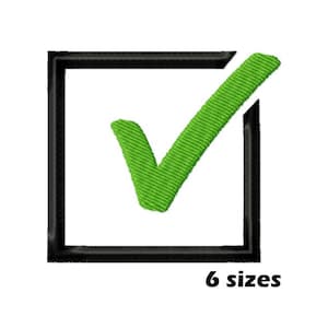 May include: A green check mark embroidered inside a black square on a white background. The text "6 sizes" is below the square. The check mark is a bright green color and the square is outlined in black.