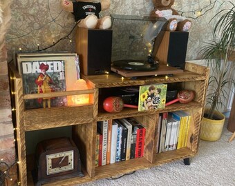 Vinyl Storage Unit / Turntable Unit - No. 2 - The Trinity - - Rustic Pine Finish