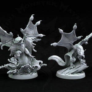 May include: Four gray, detailed miniature figurines of a creature with wings and a long tail. The creature is posed in different positions, with its wings spread out and its tail curled.