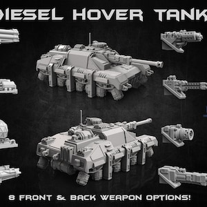 May include: A 3D printed model of a futuristic hover tank with 8 different weapon options. The tank is gray and has a detailed design. The model is printed in a 3D printer and is ready to be painted.