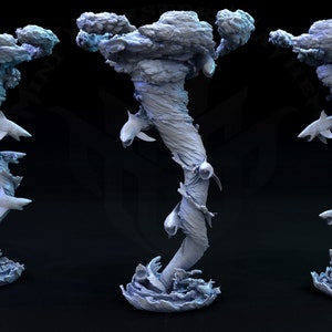 May include: A 3D printed model of a swirling water spout with multiple sharks swimming through it. The water spout is made of a light blue and white material and the sharks are white.