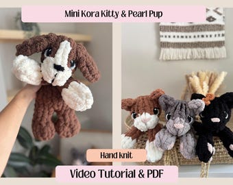 MINI Kora Kitty Snuggler / Pearl Puppy Snuggler / Tutorial de vídeo completo / Gato tejido con los dedos / Tejido a mano / Gato y perro de punto grueso / Cozy Cloud Knits