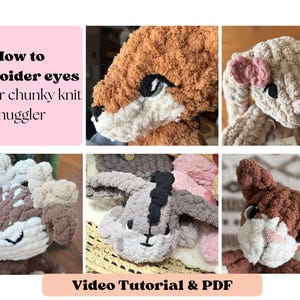 Può includere: Una collezione di simpatici animali fatti a mano in maglia grossa, tra cui una volpe, un coniglio, un cervo e altre creature. L'immagine include il testo "How to embroider eyes on your chunky knit snuggler" e "Video Tutorial & PDF".