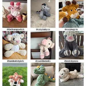 Peut inclure: Neuf animaux en peluche crochet&eacute;s dans diff&eacute;rentes couleurs et styles, dont une girafe, un dinosaure, un ours et un cerf. Les animaux sont dispos&eacute;s en grille sur un fond blanc. Le texte "Tester Appreciation" est en haut de l'image.