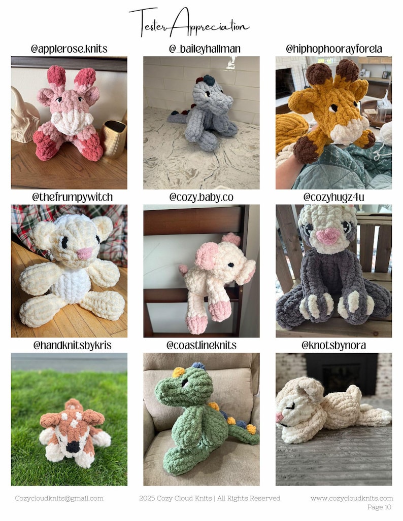 Peut inclure: Neuf animaux en peluche crochet&eacute;s dans diff&eacute;rentes couleurs et styles, dont une girafe, un dinosaure, un ours et un cerf. Les animaux sont dispos&eacute;s en grille sur un fond blanc. Le texte "Tester Appreciation" est en haut de l'image.