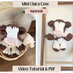Peut inclure: Un jouet en amigurumi en forme de vache, tricoté à la main, de couleur marron et blanche. Le jouet est assis dans un panier en osier et sur une échelle en bois. Le texte "Mini Clara Cow" et "Hand Knit" est visible sur l'image.