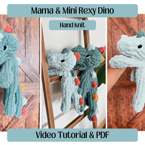 MAMA & MINI Rexy Dino / Pełny samouczek wideo / Przytulacz w kształcie dinozaura robiony na palcach / Grubo tkany dinozaur / Robiony ręcznie / Przytulne dzianiny w chmurki