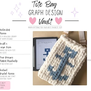以下が含まれることがあります： Tote Bag Graph Design Vaultと題されたデジタル製品広告。青い錨模様の白いかぎ針編みのバッグ、グリッドパターンを表示したタブレット、無制限のアクセスや利用可能なサイズに関するテキストが記載されています。