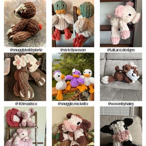 Peut inclure: Une collection de neuf peluches au crochet, dont un paresseux, des canards, un cochon, un ours, un renard, une vache et un petit cochon. Les jouets sont faits avec une vari&eacute;t&eacute; de couleurs et de textures, et ils sont tous tr&egrave;s doux et c&acirc;lins.