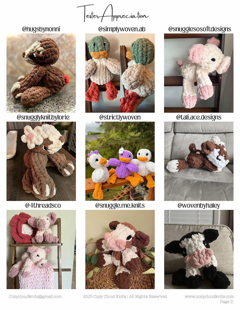 Peut inclure: Une collection de neuf peluches au crochet, dont un paresseux, des canards, un cochon, un ours, un renard, une vache et un petit cochon. Les jouets sont faits avec une vari&eacute;t&eacute; de couleurs et de textures, et ils sont tous tr&egrave;s doux et c&acirc;lins.