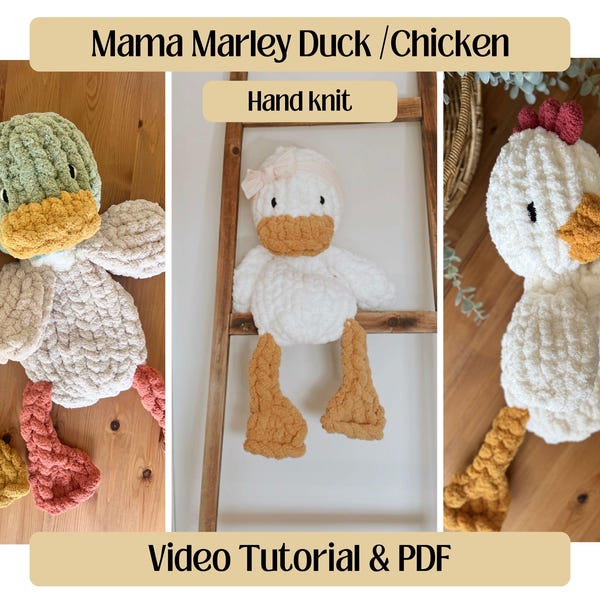 MAMA Kaczka Marley / Kurczak / Pełny samouczek wideo / Przytulanka do robienia na palcach kaczki / Gruba dzianina kaczki / Gruba dzianina kurczaka / Przytulne dzianiny chmurkowe