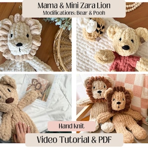 May include: A collection of handmade, plush toys, including a lion and a bear, with a soft, textured appearance. The lion features a beige mane and a black nose. The bear is wearing a pink shirt. The text "Mama & Mini Zara Lion" and "Video Tutorial & PDF" are visible.