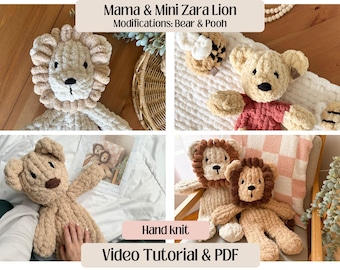 MAMA & MINI Zara Lion/Ours/Ourson//Tutoriel vidéo complet//Doudou lion tricoté avec les doigts//Lion épais en tricot//Cozy Cloud Knits