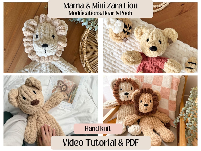 Puede incluir: Una colecci&oacute;n de juguetes de peluche hechos a mano, incluyendo un le&oacute;n y un oso, con un aspecto suave y texturizado. El le&oacute;n tiene una melena beige y una nariz negra. El oso lleva una camisa rosa. El texto "Mama & Mini Zara Lion" y "Video Tutorial & PDF" son visibles.