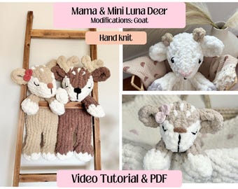 Mamá y Mini Luna Ciervo / Cabra / Tutorial de vídeo completo / Peluche de ciervo y cabra / Tejido con los dedos / Reno / Tejido a mano / Tejido de nube acogedor