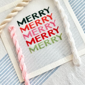 Merry Merry Christmas Coaster Ornament or Tray Insert Hand-painted Needlepoint Canvas 13 count