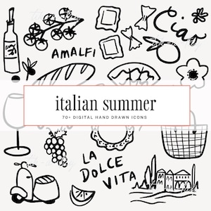 Italian Summer Clipart Bundle | Hand Drawn Wedding Illustrations | Digital Doodle Icons | Tomato Summer Graphics | Food Travel PNG SVG
