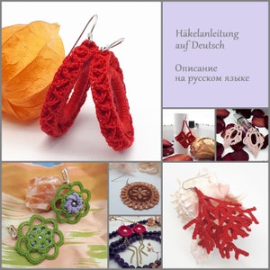 Könnte beinhalten: Häkelohrringe in verschiedenen Farben und Stilen, darunter rot, pink, grün und braun. Die Ohrringe werden auf verschiedenen Untergründen präsentiert, wie z. B. einer weißen Oberfläche, einer Muschel und einer Blume.