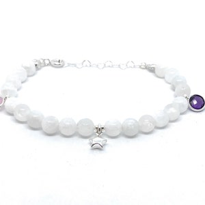 Pulsera de pidra luna de 4 mm de grosor dije de cuarzo rosa y cadena de plata de corazón ajustable de 16mm a 19 mm
