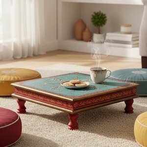 Theetafel, handgeschilderd, bajonet, bloemenstandaard, decoratieve tafel, magowood/MDF-hout, oosters, Indiaas, kleurrijk, handgemaakt, mandala
