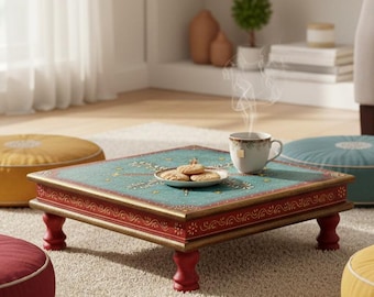 Hand-Painted Low Oriental Tea Table | Mango Wood Bajot | Indian Mandala Decor