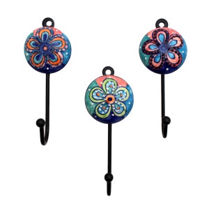 Wall Hooks Ceramic Metal Hand Painted Set/4