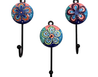 Wall Hooks Ceramic Metal Hand Painted Set/4