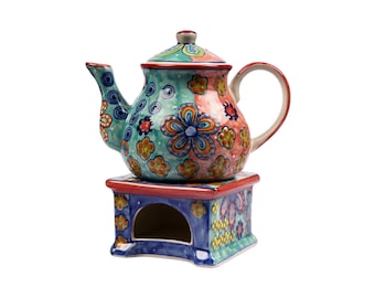 Ceramic teapot with warmer hand-painted colorful with floral pattern